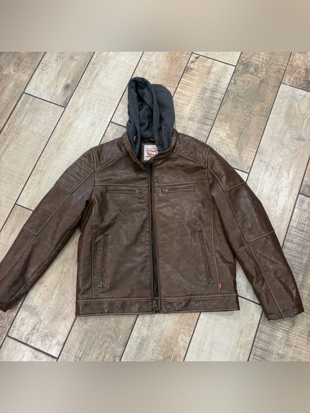 Men’s Levi’s Faux Brown Leather Hooded Bomber Biker Jacket men’s size large